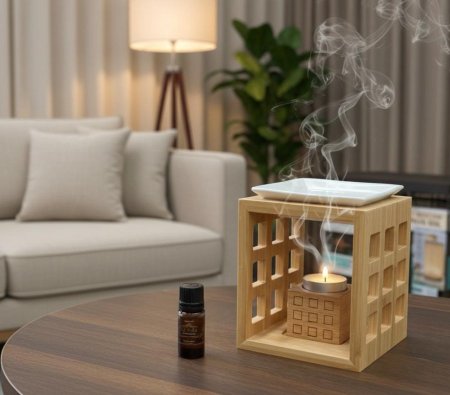 مبخرة بيت الشمع اطار خشبي مربع مع بورسيلان ابيض